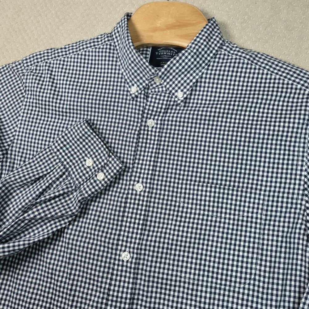 Charles Tyrwhitt Shirt Mens Large L Slim Fit Non-Iron Navy Gingham Button Down
